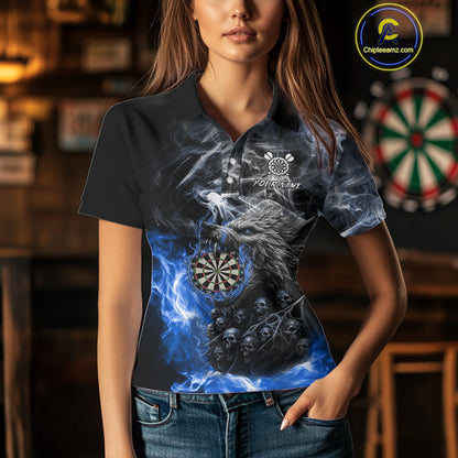 Personalized Wolf And Skull Smoke Blue Womens Dart Shirts Custom Dart Jerseys Team Polo & 1/4 Zip TDM5186