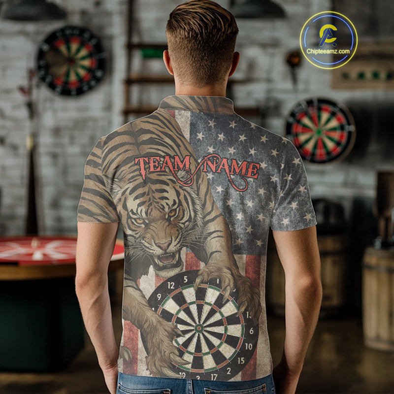 Personalized Vintage American Flag Tiger Darts Shirt For Men, Patriotic Dart Team Jerseys TDM5189