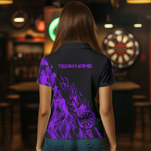 Load image into Gallery viewer, Black And Purple Dartboard Fire Flame Darts Polo, Quarter Zip Custom Dart Shirt For Women Dart Jersey TDM3409