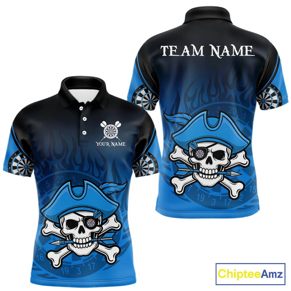Black And Blue Funny Pirate Flame Skull Darts Shirt For Men Custom Dart Jersey Team Polo, 1/4 Zip TDM5703