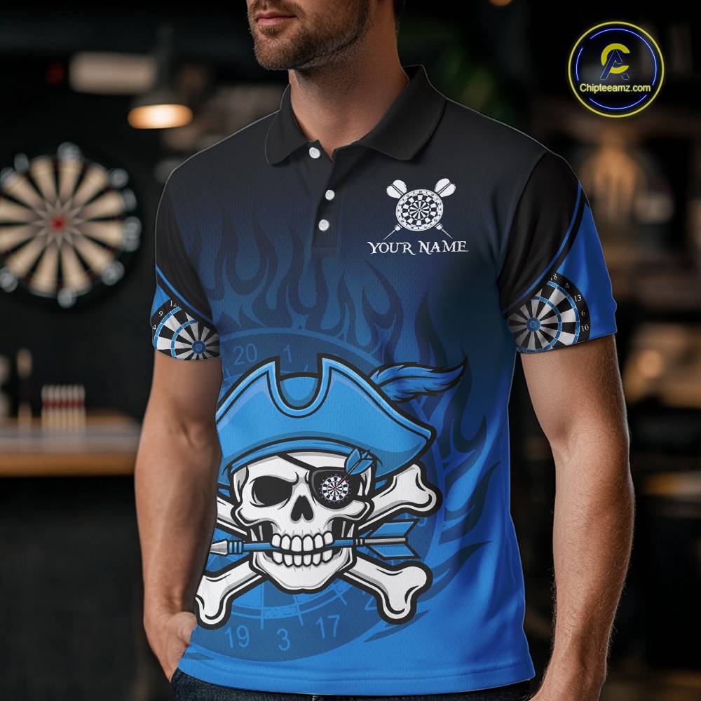 Black And Blue Funny Pirate Flame Skull Darts Shirt For Men Custom Dart Jersey Team Polo, 1/4 Zip TDM5703
