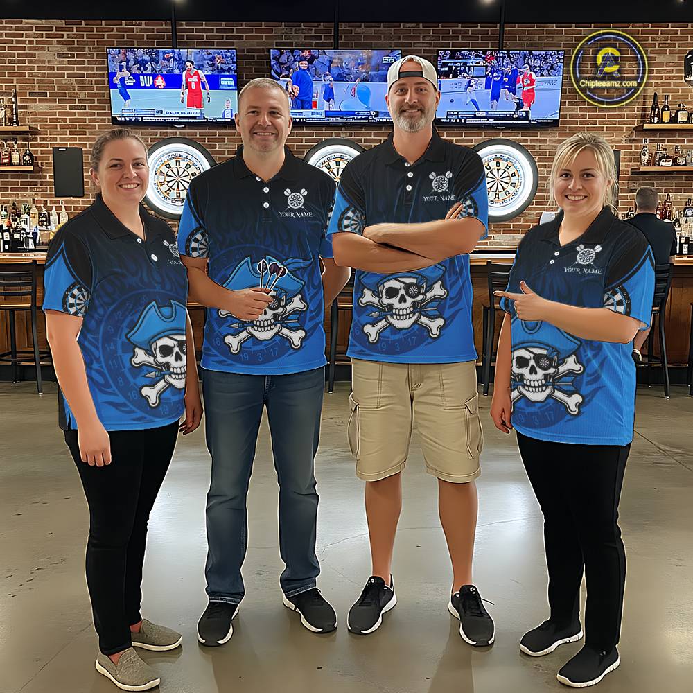 Black And Blue Funny Pirate Flame Skull Darts Shirt For Men Custom Dart Jersey Team Polo, 1/4 Zip TDM5703