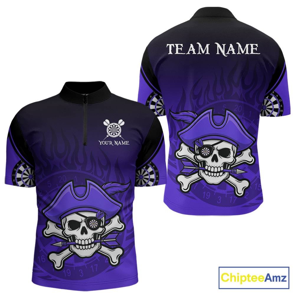 Black Purple Funny Pirate Flame Skull Darts Shirt For Men Custom Dart Jerseys Team Polo & 1/4 Zip TDM5704