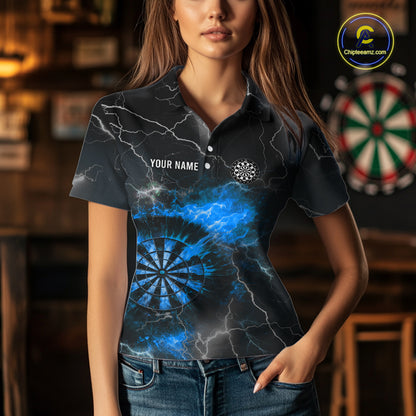 Custom Lightning Flame Darts Shirt For Women, Darts Jersey Pocket Option|Blue TDM5913