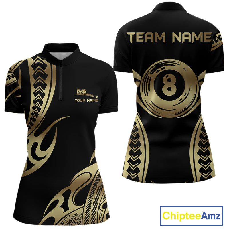 Personalized Black & Gold Tribal Pattern 8 Ball Pool Billiard Shirts For Women Billiard Attire Gifts NYN2821