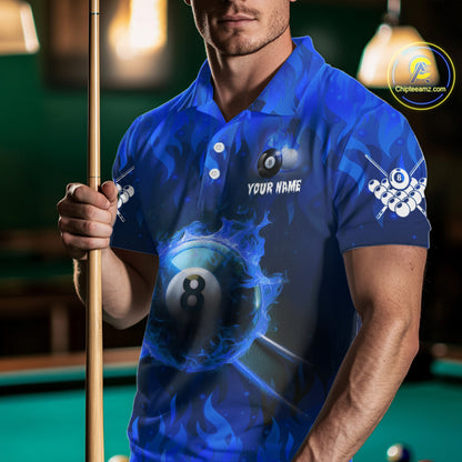 Personalized Blue 8 Ball Fire Flame Billiard Shirt For Men, Pool Team Jersey Polo & 1/4 Zip TDM1434