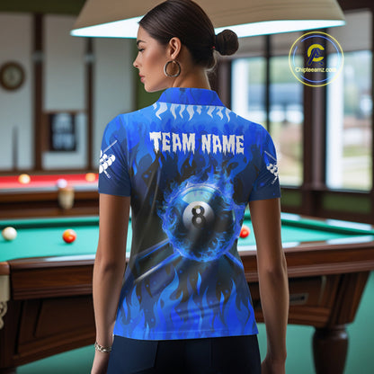Personalized Blue 8 Ball Fire Flame Billiard Shirt For Women, Pool Team Jersey Polo & 1/4 Zip TDM1434