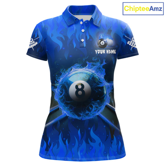 Personalized Blue 8 Ball Fire Flame Billiard Shirt For Women, Pool Team Jersey Polo & 1/4 Zip TDM1434