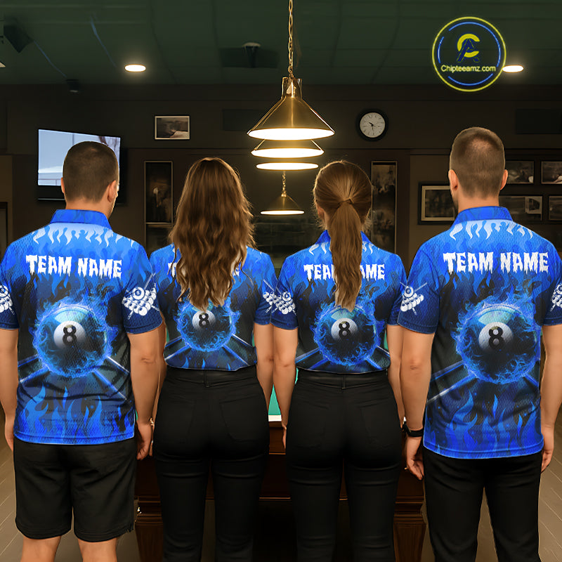 Personalized Blue 8 Ball Fire Flame Billiard Shirt For Women, Pool Team Jersey Polo & 1/4 Zip TDM1434
