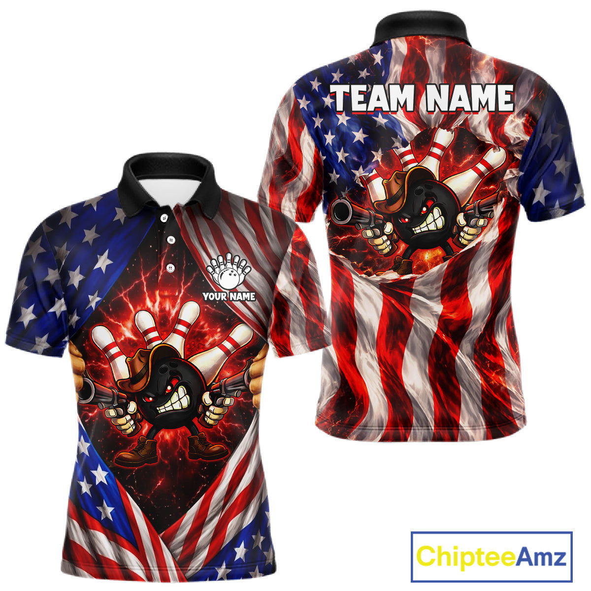 Glowing American Flag Funny Bowling Shirt For Men Custom Patriotic Bowling Jersey Polo & 1/4 Zip TDM6319