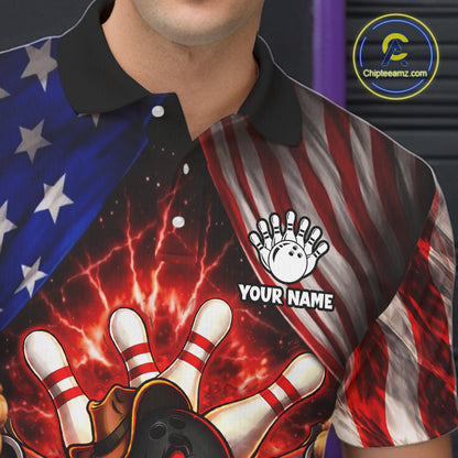 Glowing American Flag Funny Bowling Shirt For Men Custom Patriotic Bowling Jersey Polo & 1/4 Zip TDM6319