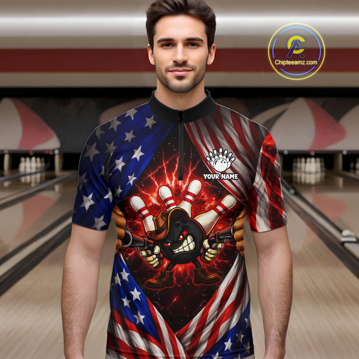 Glowing American Flag Funny Bowling Shirt For Men Custom Patriotic Bowling Jersey Polo & 1/4 Zip TDM6319