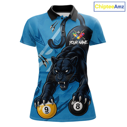 Custom Blue 8 Ball & 9 Ball Panther Billiard Shirt For Women, Billiard Team Jersey Polo & 1/4 Zip TDM6494