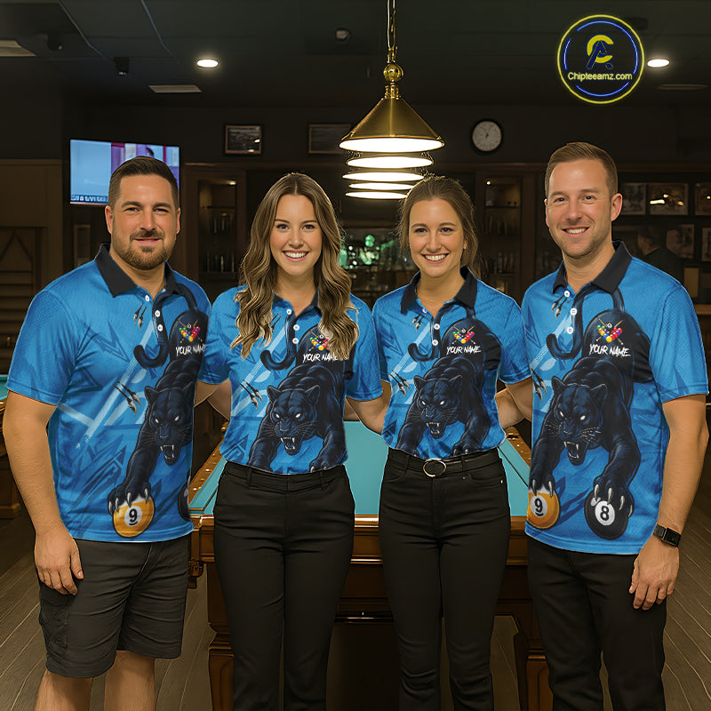 Custom Blue 8 Ball & 9 Ball Panther Billiard Shirt For Men, Billiard Team Jersey Polo & 1/4 Zip TDM6494