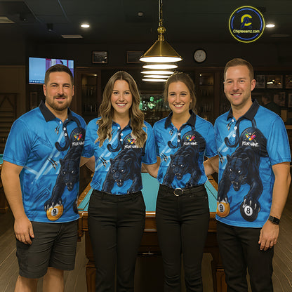 Custom Blue 8 Ball & 9 Ball Panther Billiard Shirt For Men, Billiard Team Jersey Polo & 1/4 Zip TDM6494