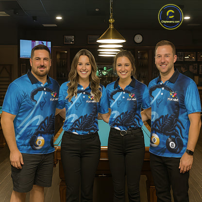 Custom Blue 8 Ball & 9 Ball Scorpion Billiard Shirt For Women, Billiard Team Jersey Polo & 1/4 Zip TDM6495