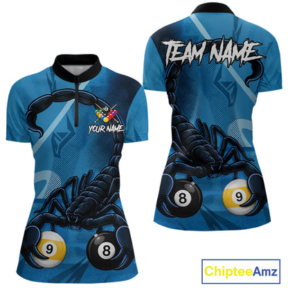 Custom Blue 8 Ball & 9 Ball Scorpion Billiard Shirt For Women, Billiard Team Jersey Polo & 1/4 Zip TDM6495
