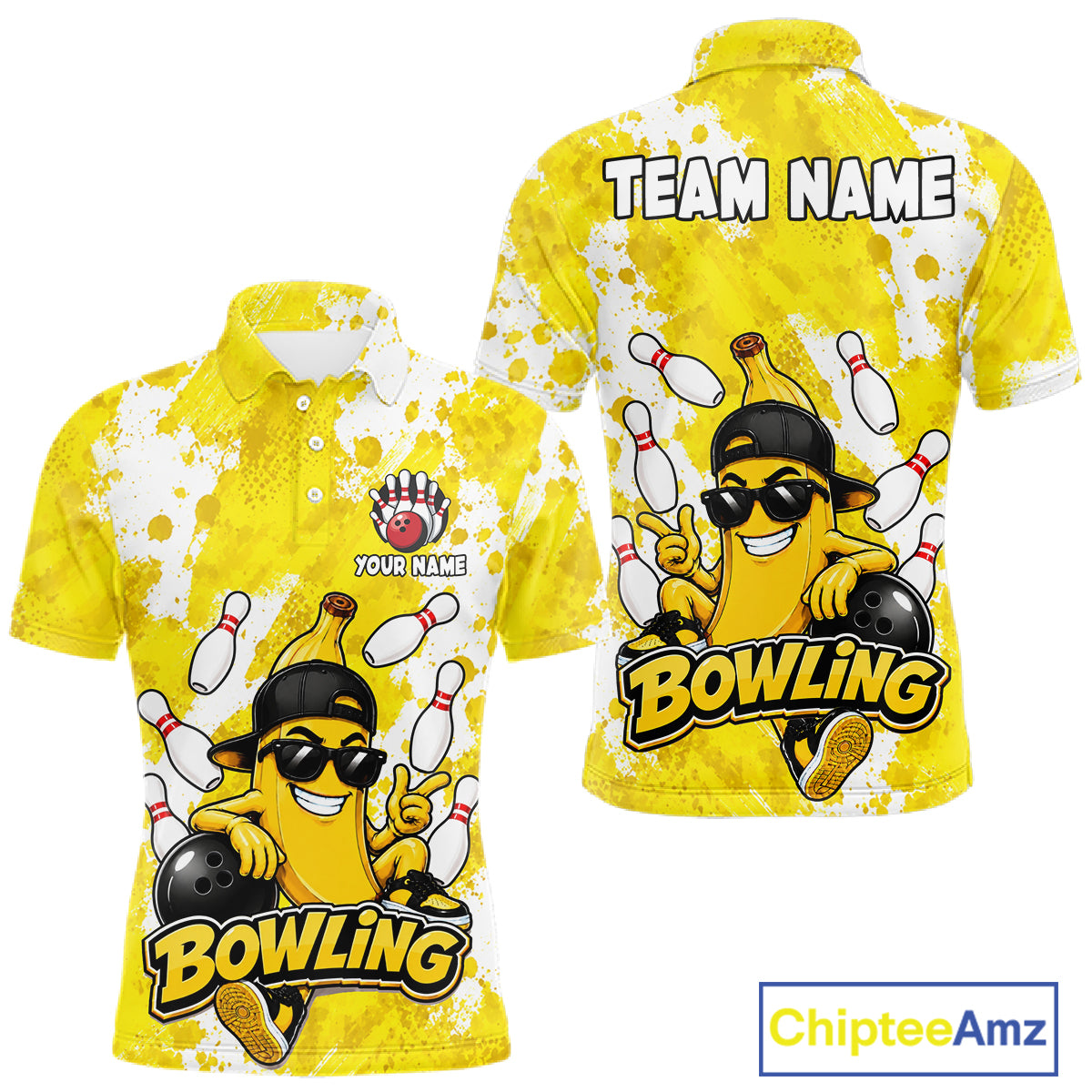 Funny yellow banana bowling polo shirt for men with custom bowling team graphics.