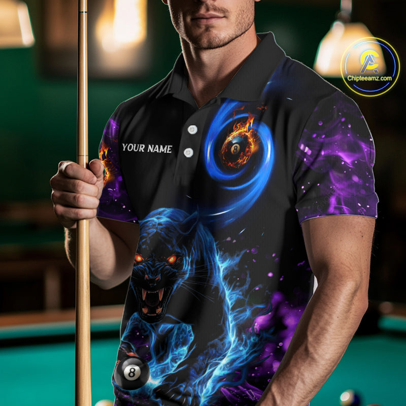 Personalized Blue Purple  Flaming 3D Panther Billiard Shirts For Men, Cool Team Billiard Jerseys TDM5196