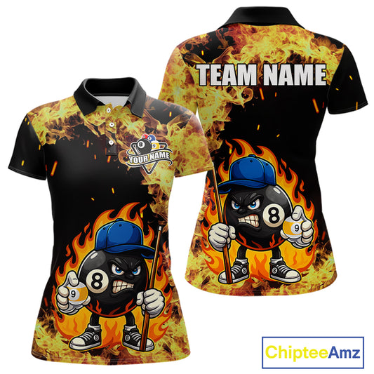 Personalized Billiard Flame Funny 8 Ball Pool Polo & 1/4 Zip For Women Custom Billiard Team Jersey TDM5201
