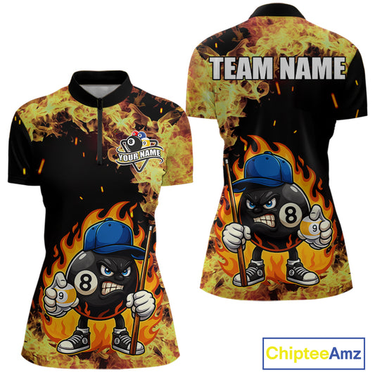 Personalized Billiard Flame Funny 8 Ball Pool Polo & 1/4 Zip For Women Custom Billiard Team Jersey TDM5201