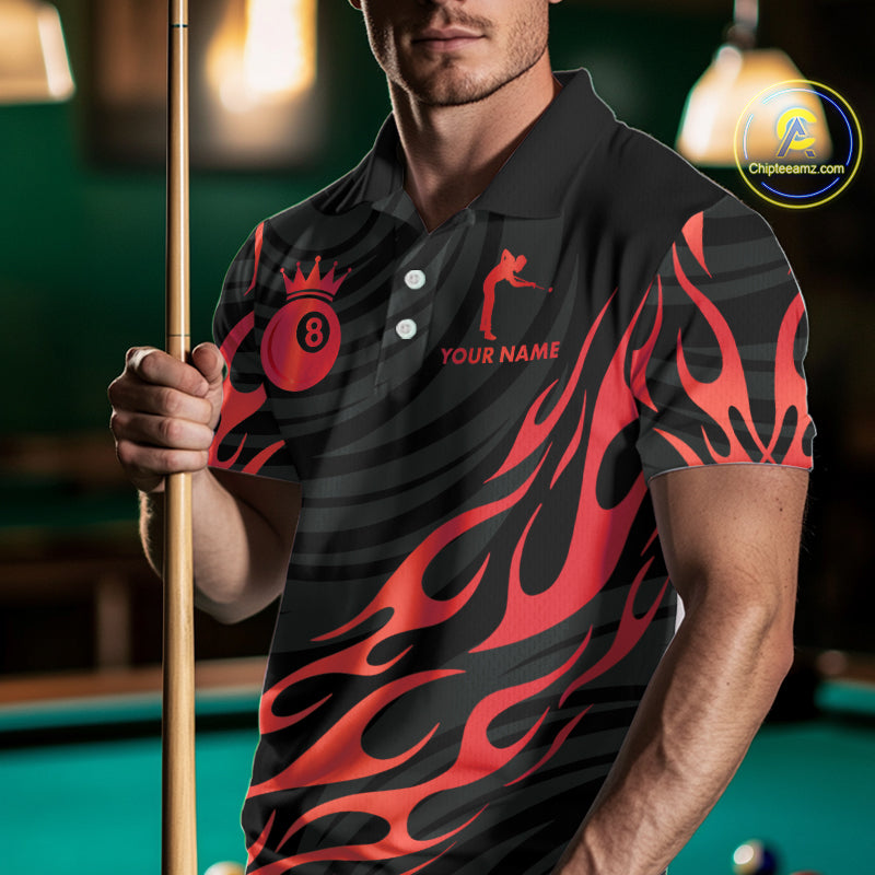 Custom Crown 8 Ball Billiard Shirt For Men, Black And Red Pool Team Jersey Polo & Quarter Zip TDM5458