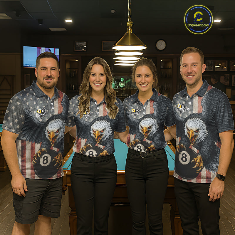 Personalized 8 Ball & 9 Ball Vintage American Flag Eagle Billiard Shirt For Women, Pool Team Jersey TDM5720