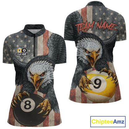 Personalized 8 Ball & 9 Ball Vintage American Flag Eagle Billiard Shirt For Women, Pool Team Jersey TDM5720