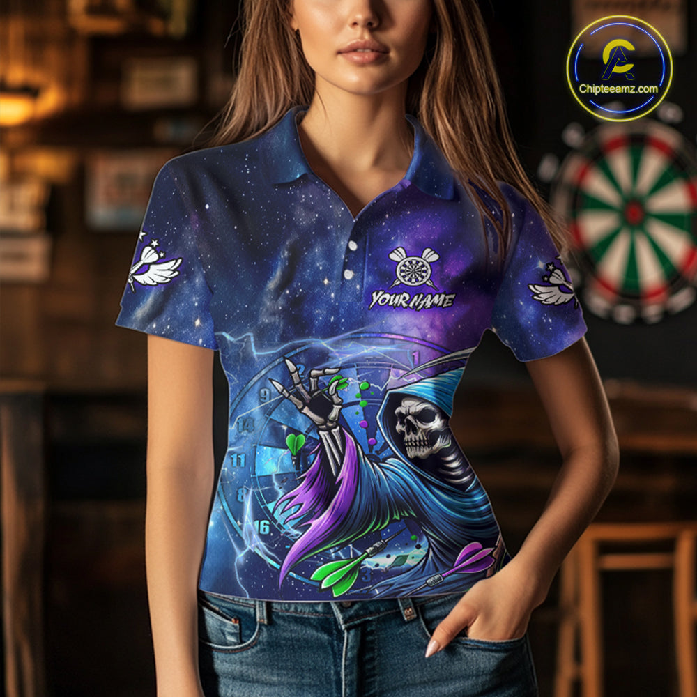 Grim Reaper Blue Purple Galaxy Dart Shirts For Women Custom Darts Jerseys TDM3561