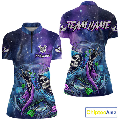 Grim Reaper Blue Purple Galaxy Dart Shirts For Women Custom Darts Jerseys TDM3561