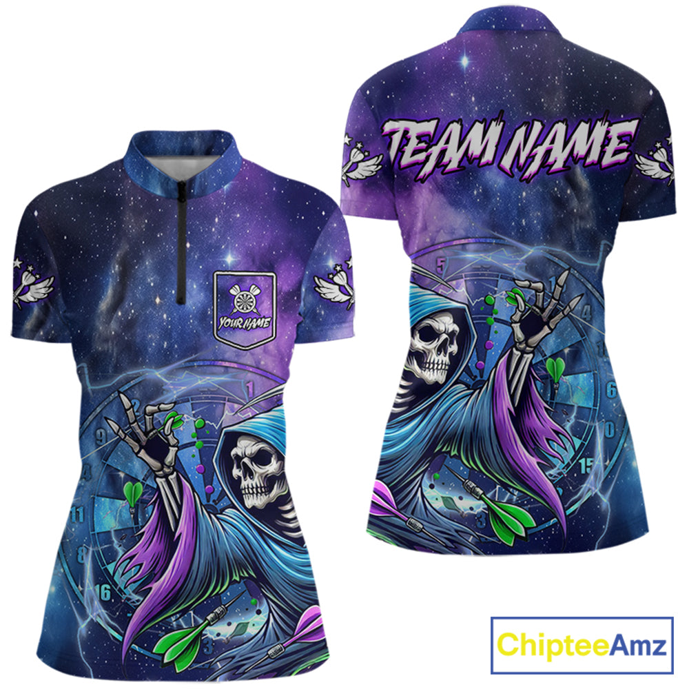 Grim Reaper Blue Purple Galaxy Dart Shirts For Women Custom Darts Jerseys TDM3561