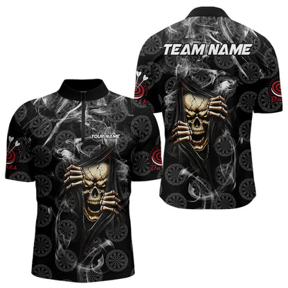 Personalized Skull Dartboard Smoke Pattern Black Dart Shirts For Men Dart Jerseys Polo & 1/4 Zip TDM3720