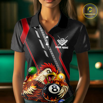 Funny Chicken Flame 8 Ball Billiard Shirt For Women Custom Billiard Team Jersey Polo & 1/4 Zip TDM6068