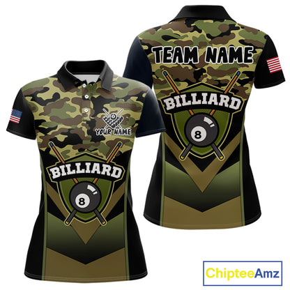 Personalized Green Camo 8 Ball Pool Billiard Shirt For Women, Billiard Team Jersey Polo & 1/4 Zip TDM6076