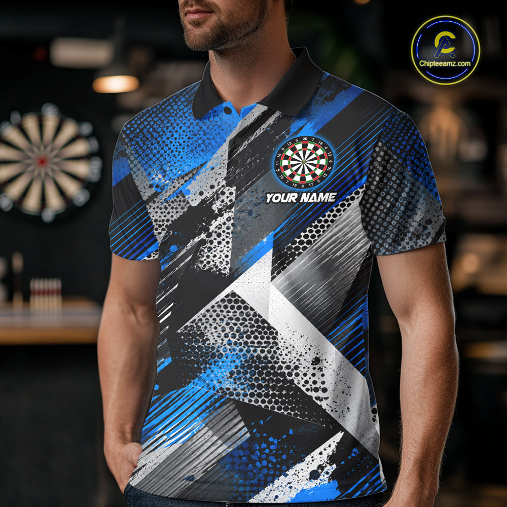 Personalized Blue Geometric Grunge Darts Shirt For Men Custom Darts Team Jersey Polo & 1/4 Zip TDM6507
