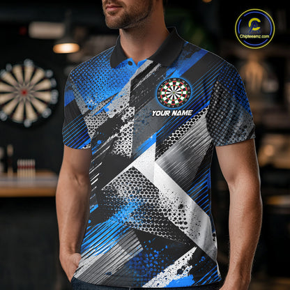 Personalized Blue Geometric Grunge Darts Shirt For Men Custom Darts Team Jersey Polo & 1/4 Zip TDM6507