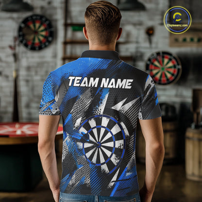 Personalized Blue Geometric Grunge Darts Shirt For Men Custom Darts Team Jersey Polo & 1/4 Zip TDM6507