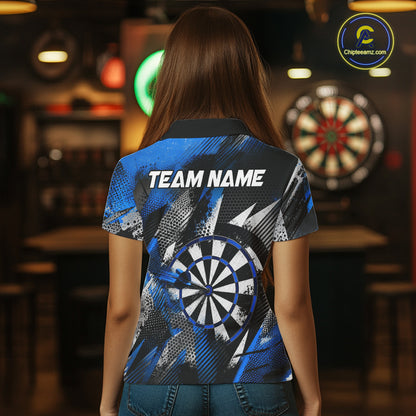 Personalized Blue Geometric Grunge Darts Shirt For Women Custom Darts Team Jersey Polo & 1/4 Zip TDM6507