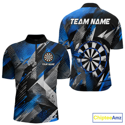 Personalized Blue Geometric Grunge Darts Shirt For Men Custom Darts Team Jersey Polo & 1/4 Zip TDM6507