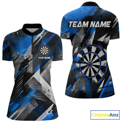 Personalized Blue Geometric Grunge Darts Shirt For Women Custom Darts Team Jersey Polo & 1/4 Zip TDM6507