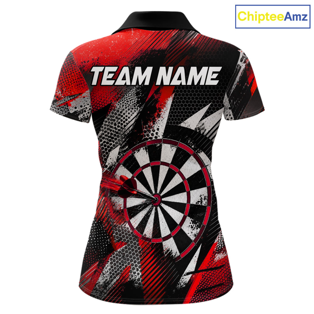 Personalized Red Geometric Grunge Darts Shirt For Women Custom Darts Team Jersey Polo & 1/4 Zip TDM6508