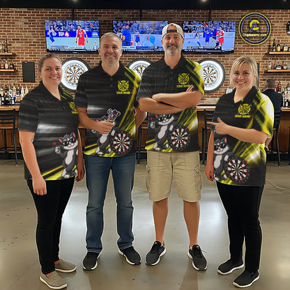 Custom Black And Yellow Funny Cat Darts Shirt For Men, Darts Jersey Polo & 1/4 Zip, Darts Gifts TDM6510