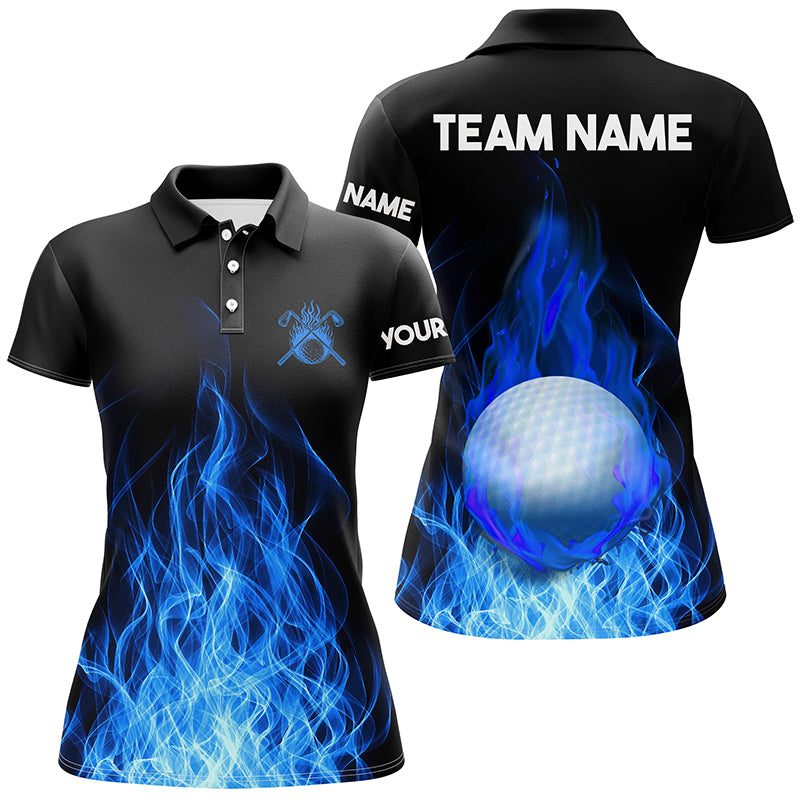 Womens Golf Polo Shirts Custom Golf Ball Fire Flame Golf Outfit For Ladies, Best Golf Gifts |Blue TDM1817