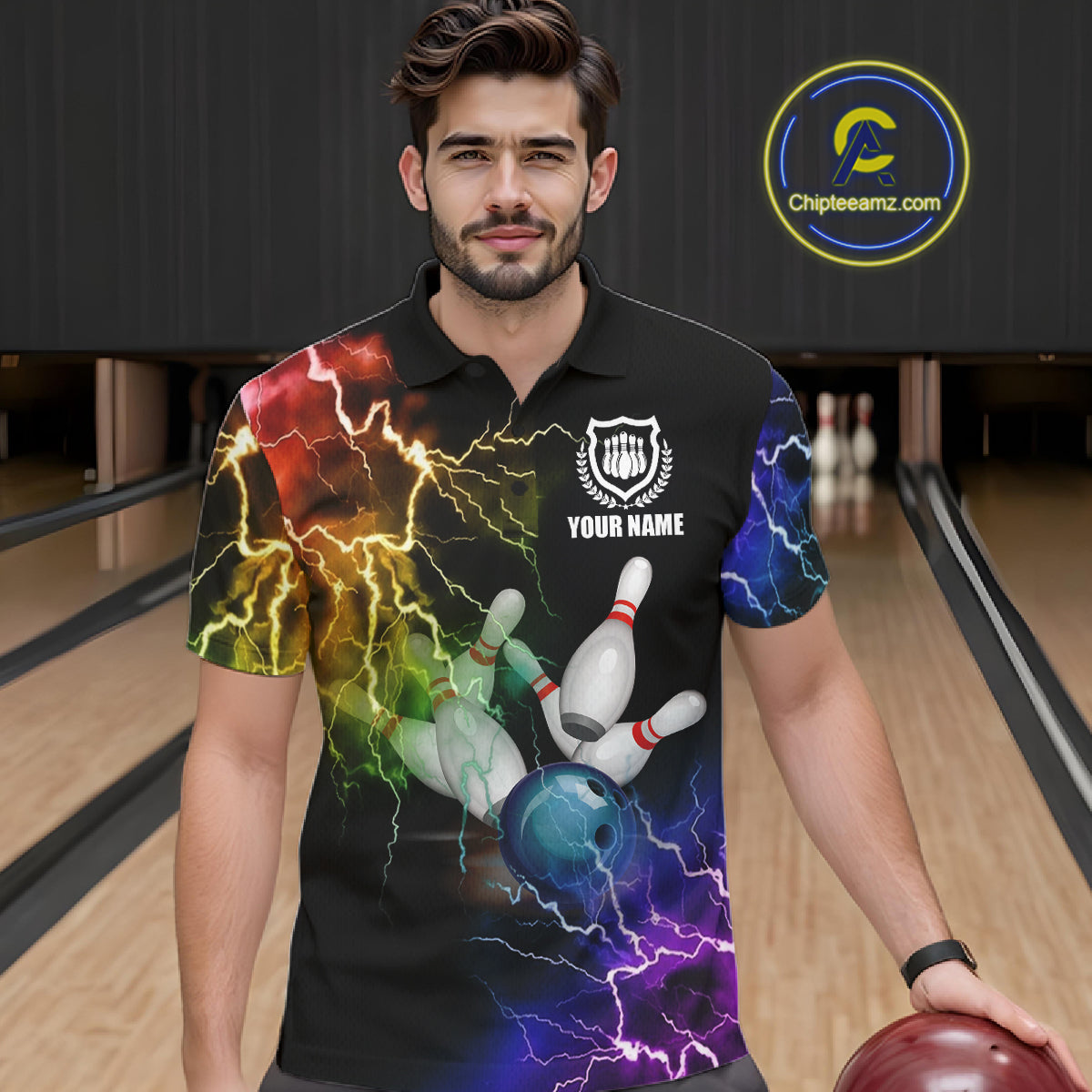 Man wearing colorful rainbow thunder lightning bowling team jersey polo shirt featuring vibrant lightning artwork, front view.