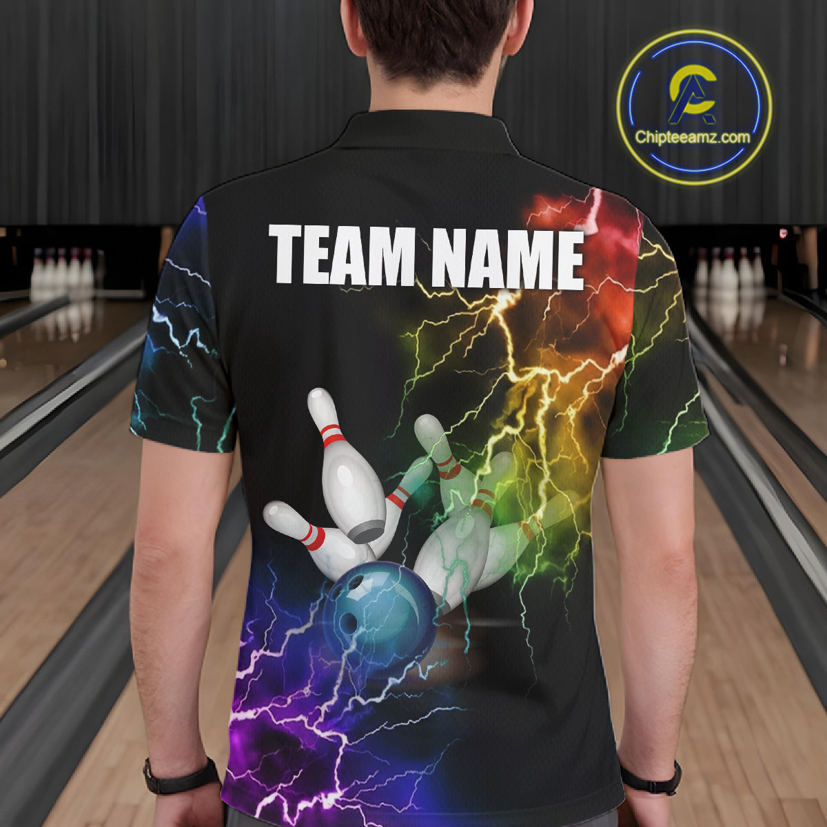 Man wearing colorful rainbow thunder lightning bowling team jersey polo shirt featuring vibrant lightning artwork, back view.