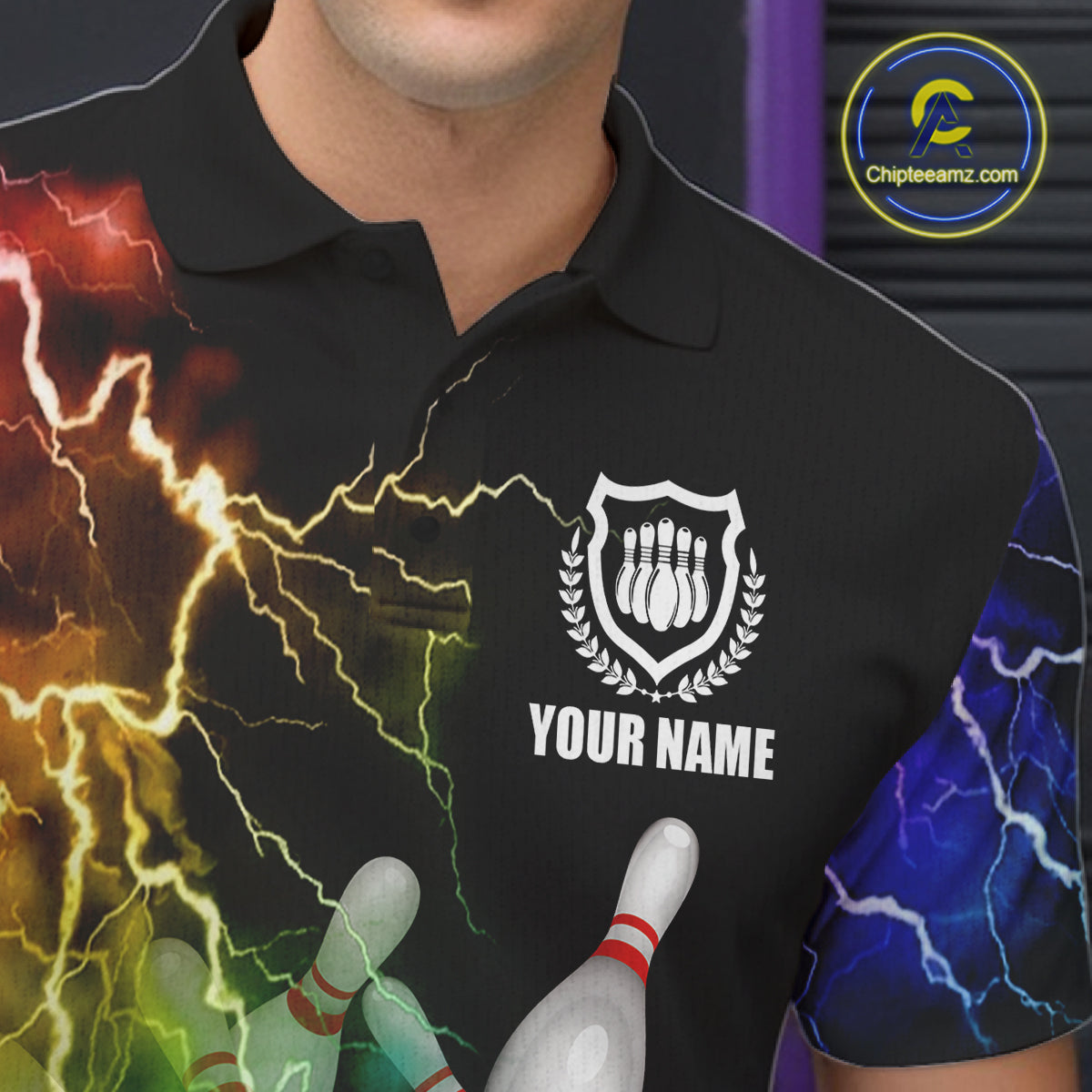 Close-up of the colorful rainbow thunder lightning bowling team jersey polo shirt showing the collar, buttons, premium fabric and colorful lightning graphics.