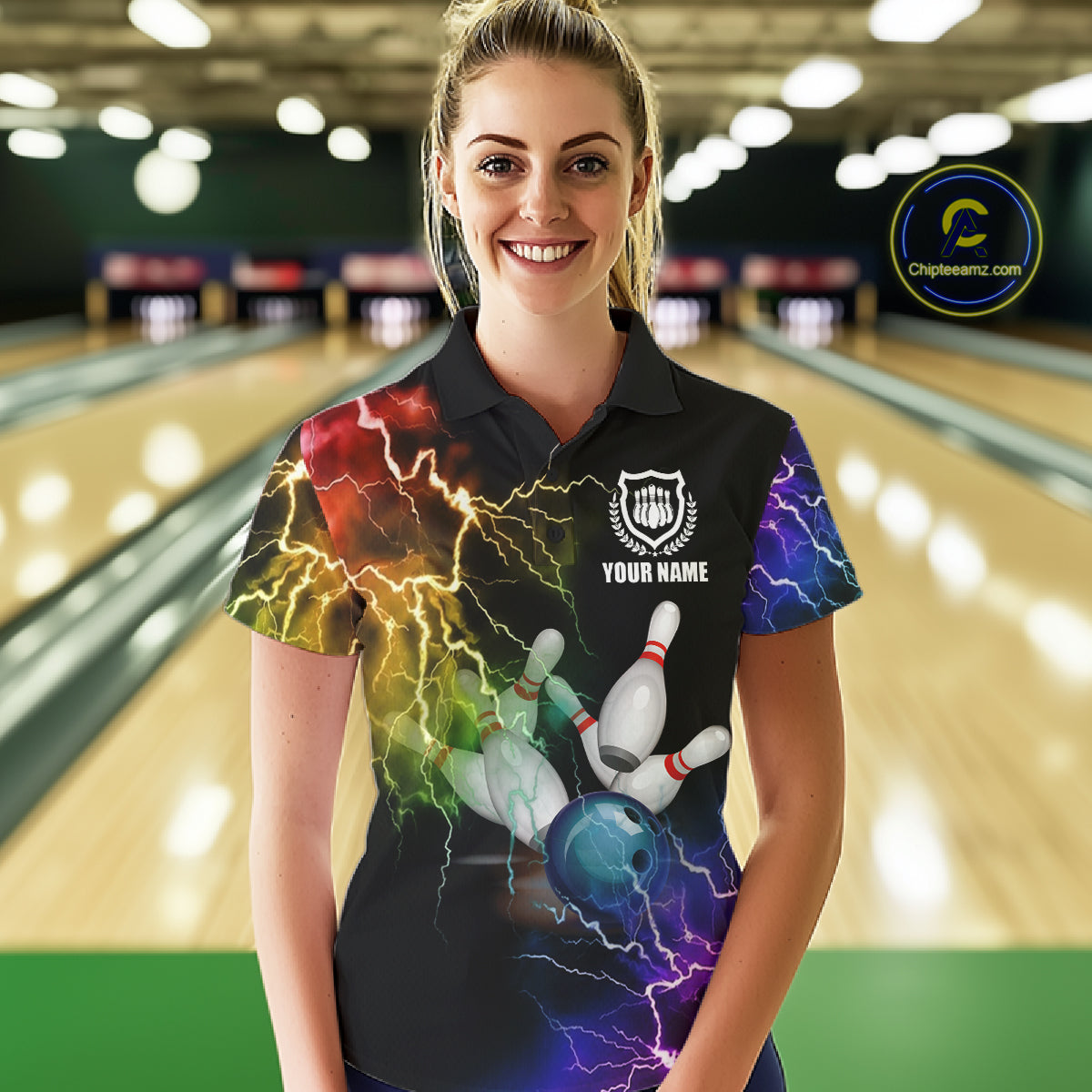 Woman wearing colorful rainbow thunder lightning bowling team jersey polo shirt featuring vibrant lightning artwork, front view.
