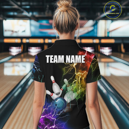 Woman wearing colorful rainbow thunder lightning bowling team jersey quarter zip shirt featuring vibrant lightning artwork, front view.