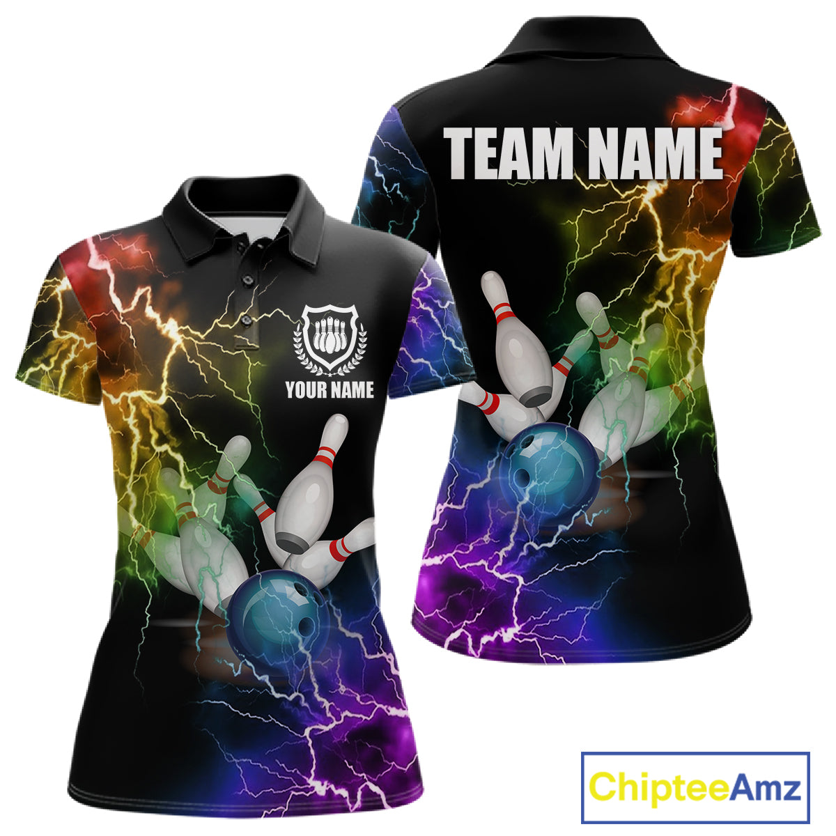 Colorful rainbow thunder lightning bowling team jersey polo shirt for women featuring vibrant multicolor lightning artwork, premium custom bowling league apparel for tournaments, league play and competitive bowling teams.