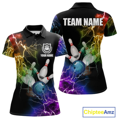 Colorful rainbow thunder lightning bowling team jersey polo shirt for women featuring vibrant multicolor lightning artwork, premium custom bowling league apparel for tournaments, league play and competitive bowling teams.
